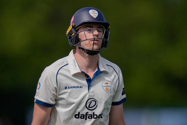 Martin Andersson  of Derbyshire walks off dejected after losing his wicket during the county Championship Division Two day 4 Derbyshire vs Gloucestershire at The Central Co-Op County Ground, Derby, United Kingdom on 27 April 2026

(Photo by Maynard Manyowa/News Images)