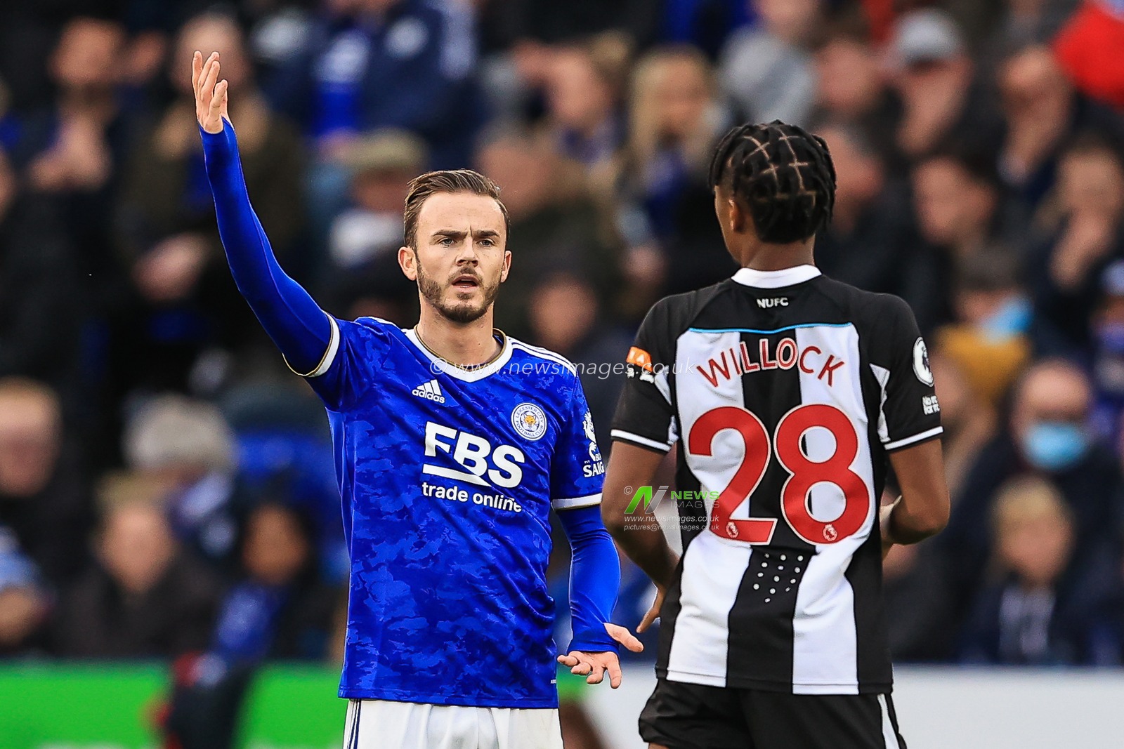 James Maddison #10 of Leicester City appeal to the Referee