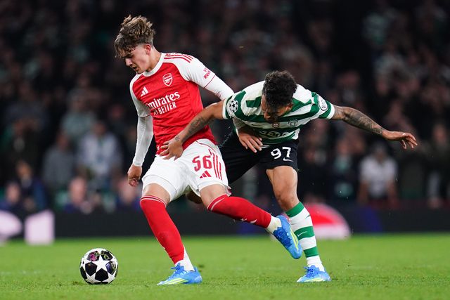 Max Dowman of Arsenal and Luis Suarez of Sporting CP battle for ball during the UEFA Champions League Quarter Finals match Arsenal vs Sporting CP at Arsenal stadium, London, United Kingdom on 15 April 2026

(Photo by Harvey Murphy/News Images)