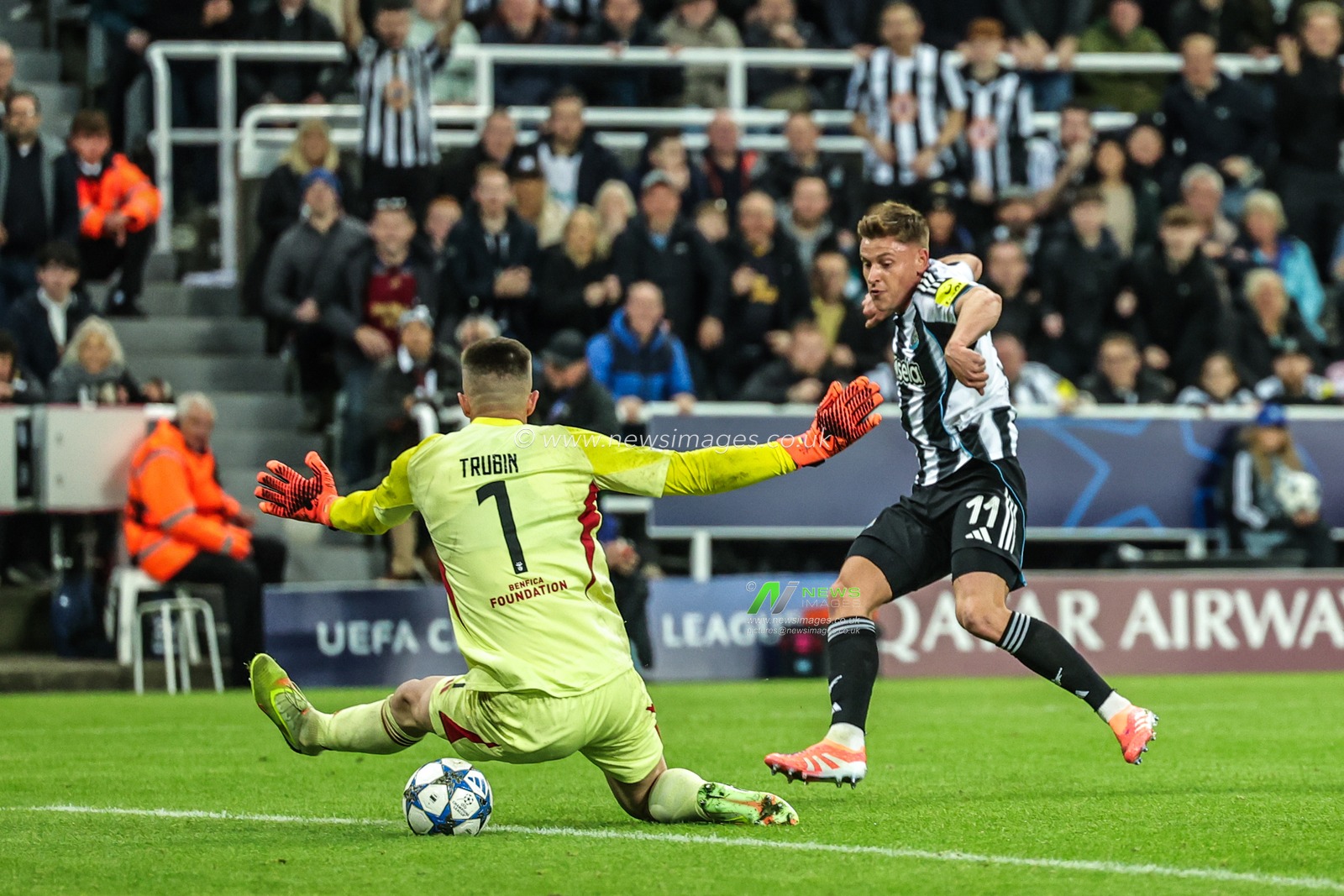 Harvey Barnes of Newcastle United scores to make it 3-0 during the UEFA Champions League Matchday 3 of 8 Newcastle United vs Benfica at St. James's Park, Newcastle, United Kingdom, 21st October 2025

(Photo by Mark Cosgrove/News Images)