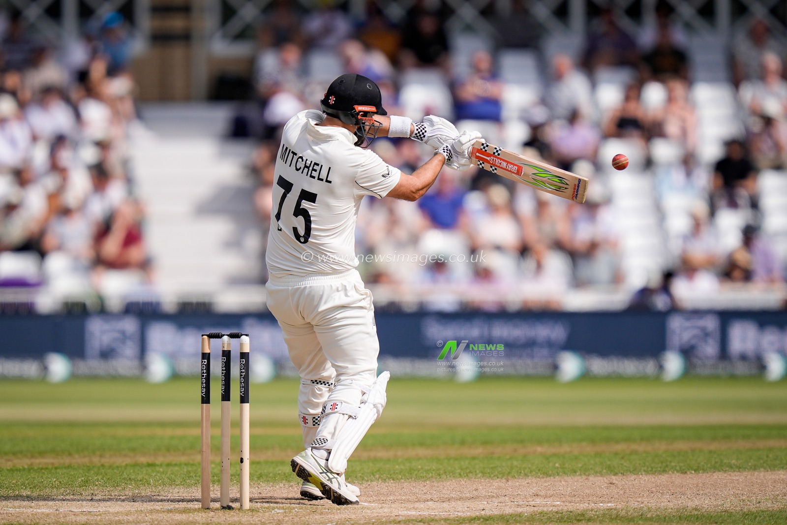 Daryl Mitchell of New Zealand hits a six  during the 3rd Rothesay Test Match Day 4 match England vs New Zealand at Trent Bridge, Nottingham, United Kingdom on 28 June 2026

(Photo by Maynard Manyowa/News Images)