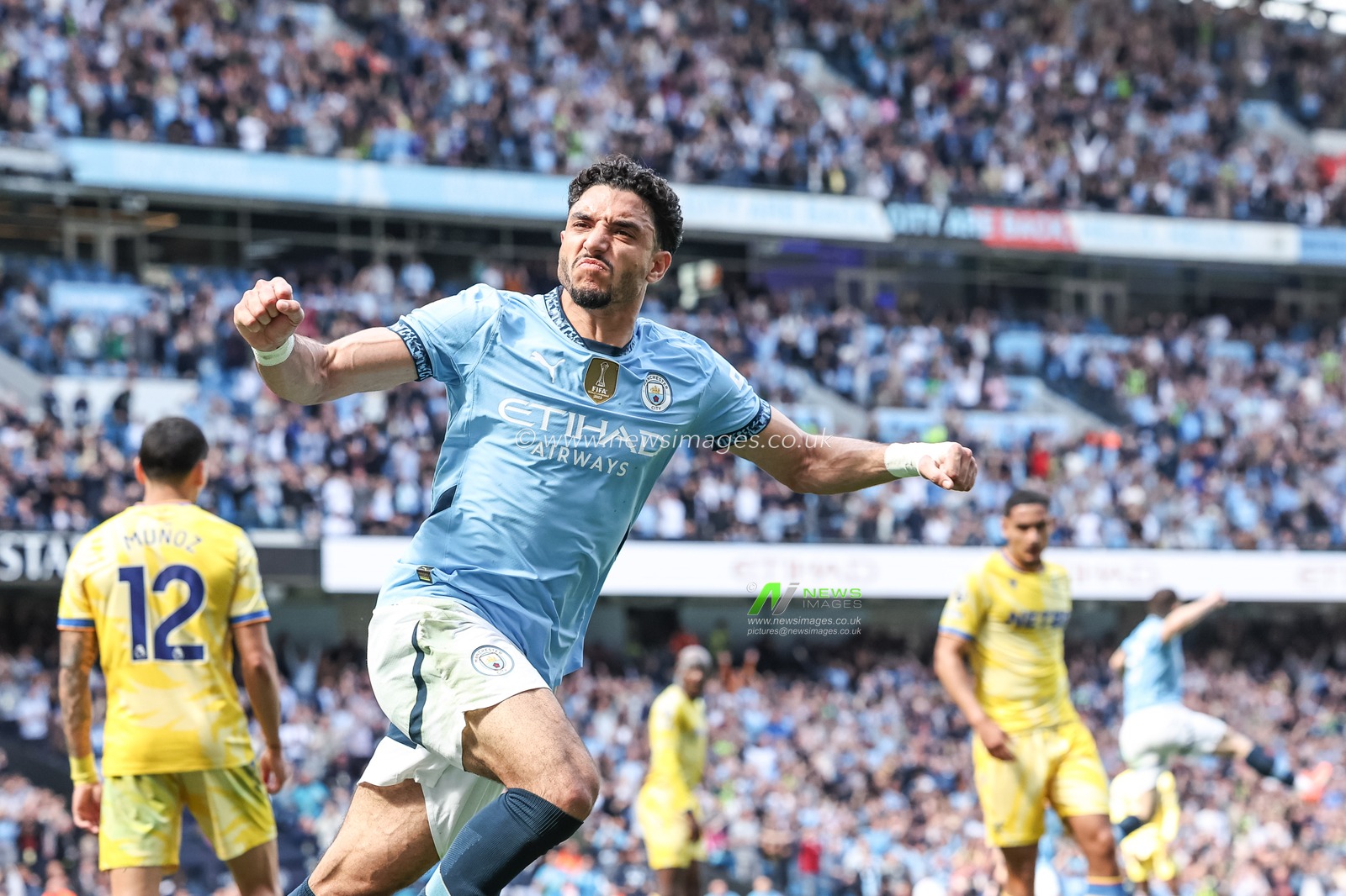 Omar Marmoush of Manchester City celebrates his goal to make it 2-2 during the Premier League match Manchester City vs Crystal Palace at Etihad Stadium, Manchester, United Kingdom, 12th April 2025

(Photo by Mark Cosgrove/News Images)