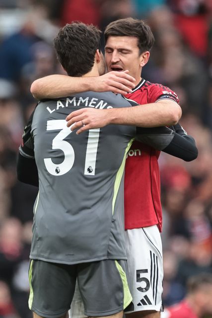 Harry Maguire of Manchester United embraces Senne Lammens of Manchester United after United win 2-0 during the Premier League match Manchester United vs Sunderland at Old Trafford, Manchester, United Kingdom, 4th October 2025

(Photo by Mark Cosgrove/News Images)