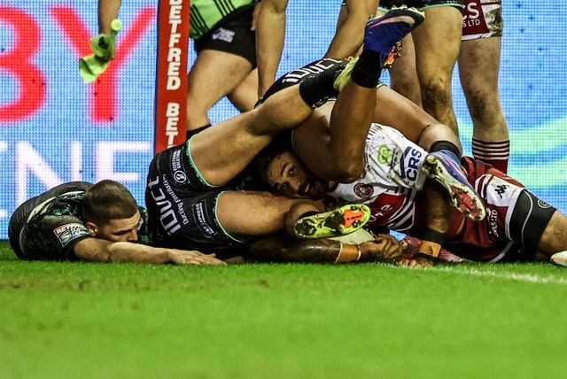 Bevan French of Wigan Warriors goes over for a try during the Betfred Super League match Wigan Warriors vs Leigh Leopards at The Brick Community Stadium, Wigan, United Kingdom on 26 February 2026

(Photo by Alfie Cosgrove/News Images)