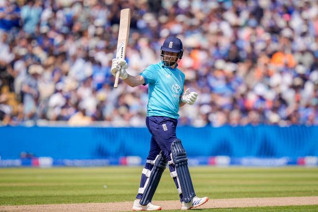 Liam Dawson of England celebrates a half century during the 1st Metro Bank ODI match England vs India at Edgbaston, Birmingham, United Kingdom on 14 July 2026

(Photo by Maynard Manyowa/News Images)