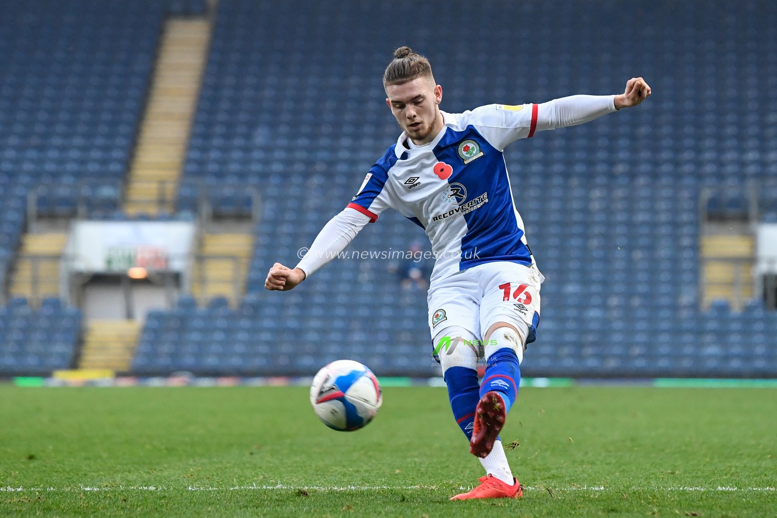 Harvey Elliott #16 of Blackburn Rovers has a shot at goal