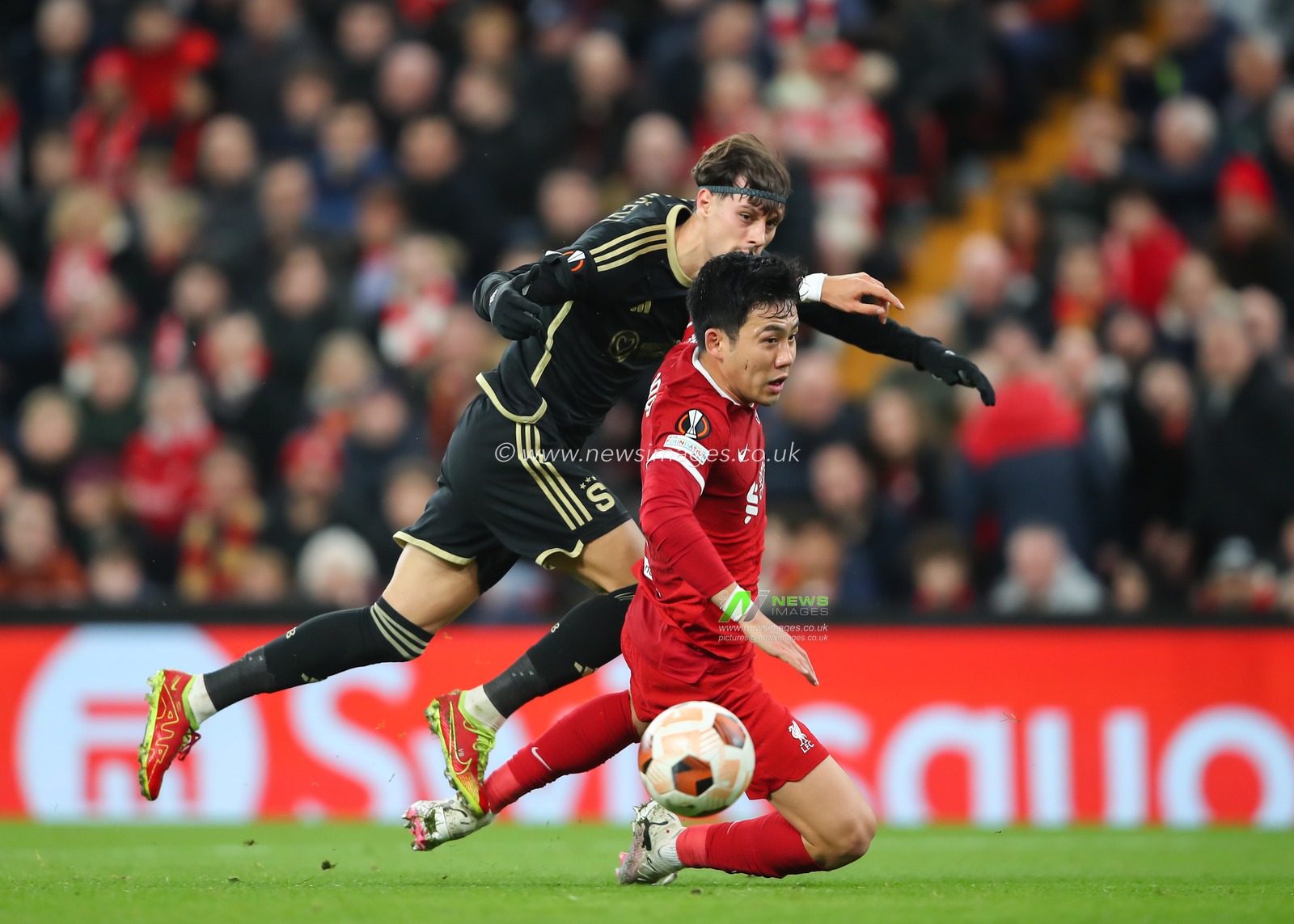 Veljko BirmanÄeviÄ‡ of Athletic Club Sparta Praha strikes to ball to make it 4-1 Liverpool, during the UEFA Europa League match Liverpool vs Sparta Prague at Anfield, Liverpool, United Kingdom, 14th March 2024

(Photo by Gareth Evans/News Images)