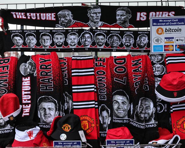 Manchester United scarfs on sale outside Old Trafford during the Premier League match Manchester United vs Nottingham Forest at Old Trafford, Manchester, United Kingdom on 17 May 2026

(Photo by Mark Cosgrove/News Images)