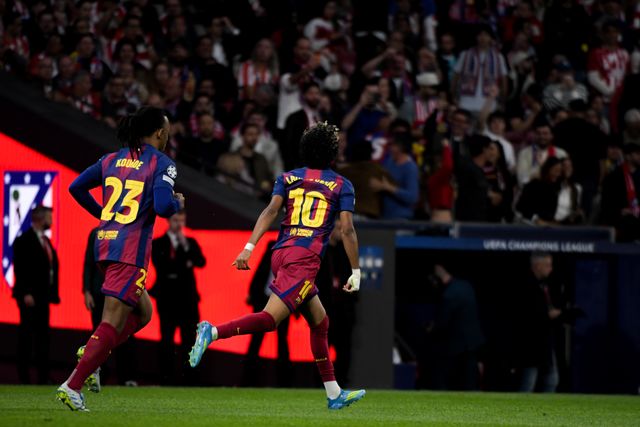 Lamine Yamal of FC Barcelona celebrate his goal during the UEFA Champions League Quarter Finals match Atletico Madrid vs Barcelona at Riyadh Air Metropolitano, Madrid, Spain on 14 April 2026

(Photo by Samuel Carreno/News Images)