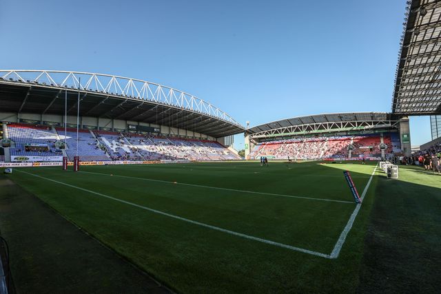 A general view of the Brick Community Stadium ahead of the Betfred Super League round 18 match Wigan Warriors vs Huddersfield Giants at The Brick Community Stadium, Wigan, United Kingdom, 11th July 2025

(Photo by Alfie Cosgrove/News Images)