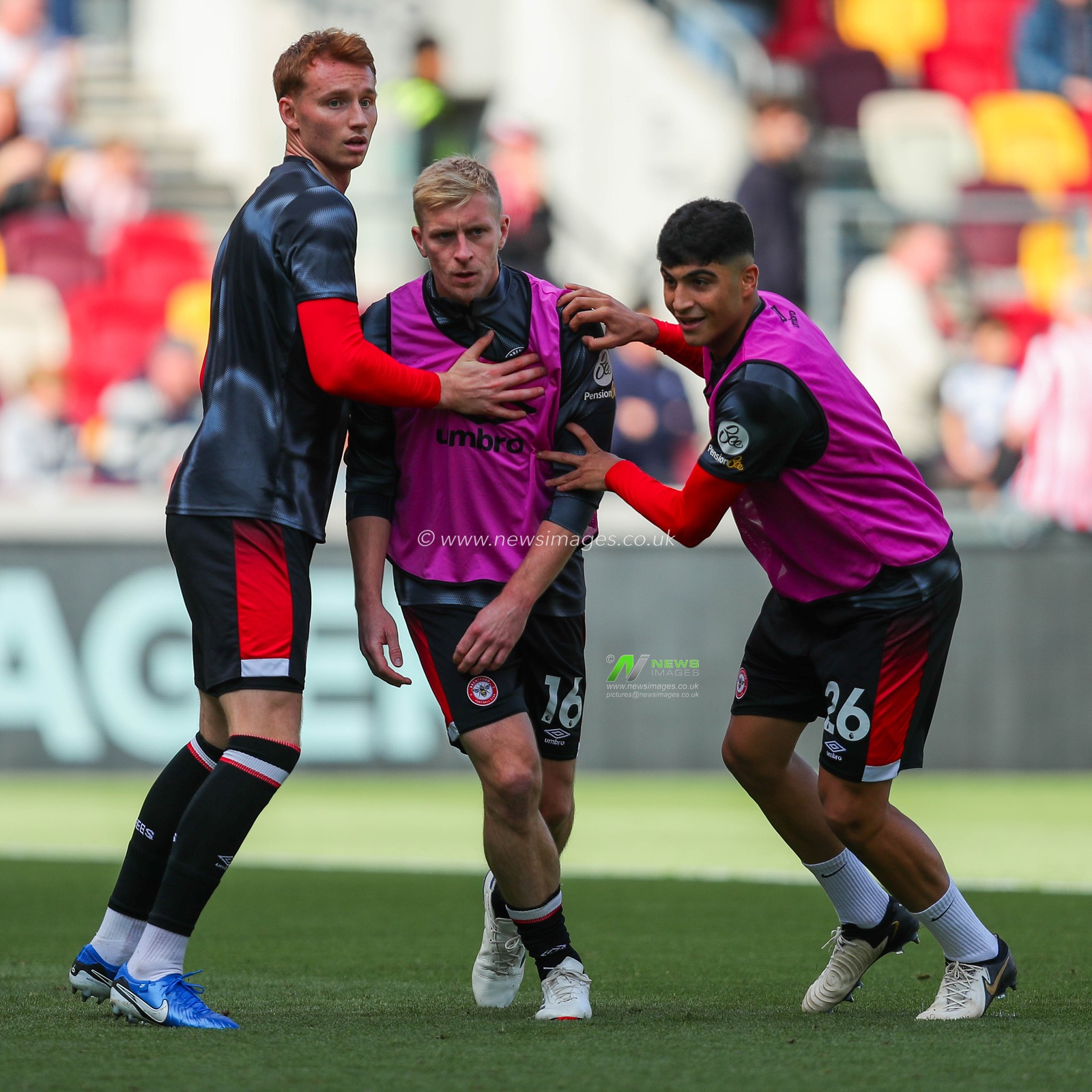 Sepp Van Den Berg, Ben Mee and Yunus Konak of Brentford warm up prior to the Premier League match Brentford vs West Ham United at The Gtech Community Stadium, London, United Kingdom, 28th September 2024

(Photo by Izzy Poles/News Images)