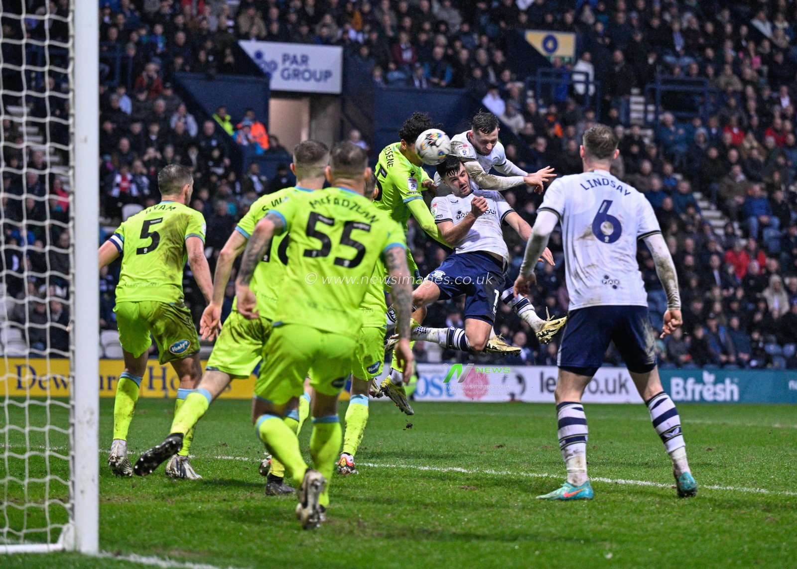 Alan Browne of Preston North End header is shaved late on by Aynsley Pears of Blackburn Rovers, during the Sky Bet Championship match Preston North End vs Blackburn Rovers at Deepdale, Preston, United Kingdom, 17th February 2024

(Photo by Cody Froggatt/News Images)