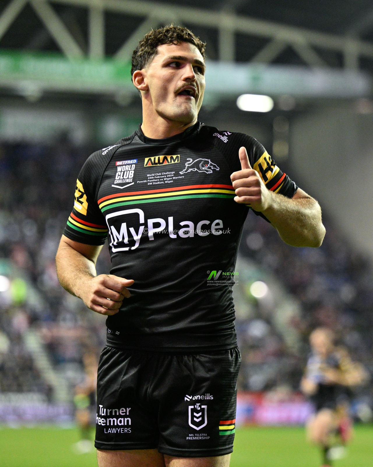 Nathan Cleary of Penrith Panthers warms up ahead of the match, during the 2024 World Club Challenge match Wigan Warriors vs Penrith Panthers at DW Stadium, Wigan, United Kingdom, 24th February 2024

(Photo by Cody Froggatt/News Images)