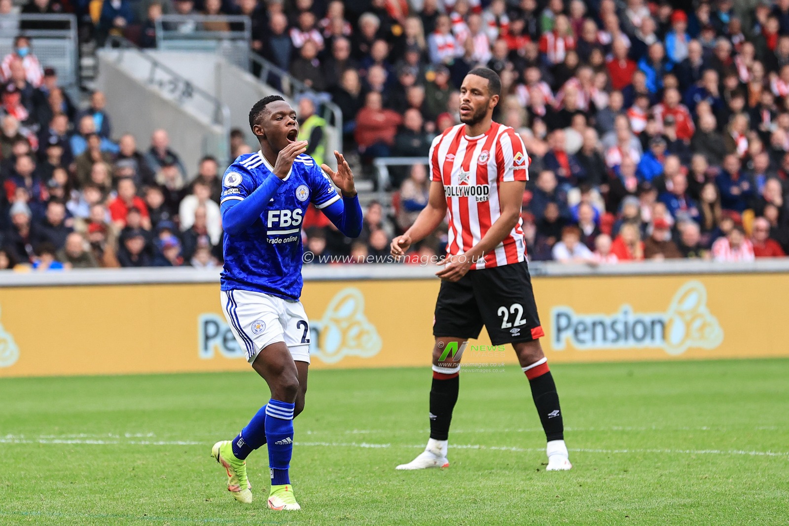 Patson Daka #29 of Leicester City reacts as his shot is saved