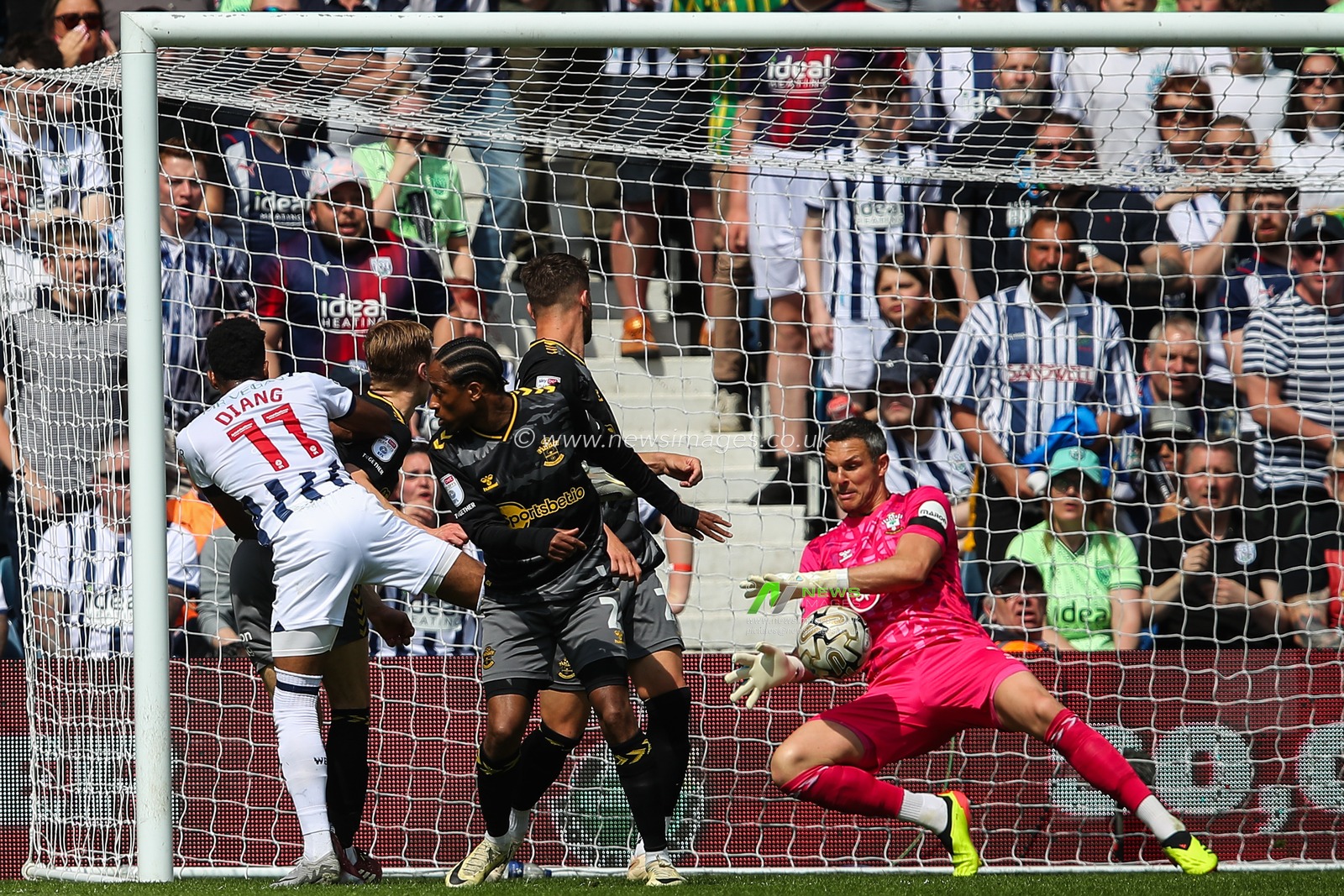 Alex McCarthy of Southampton saves a shot from Grady Diangana of West Bromwich Albion during the Sky Bet Championship Play-Off Semi-Final First Leg match West Bromwich Albion vs Southampton at The Hawthorns, West Bromwich, United Kingdom, 12th May 2024

(Photo by Gareth Evans/News Images)