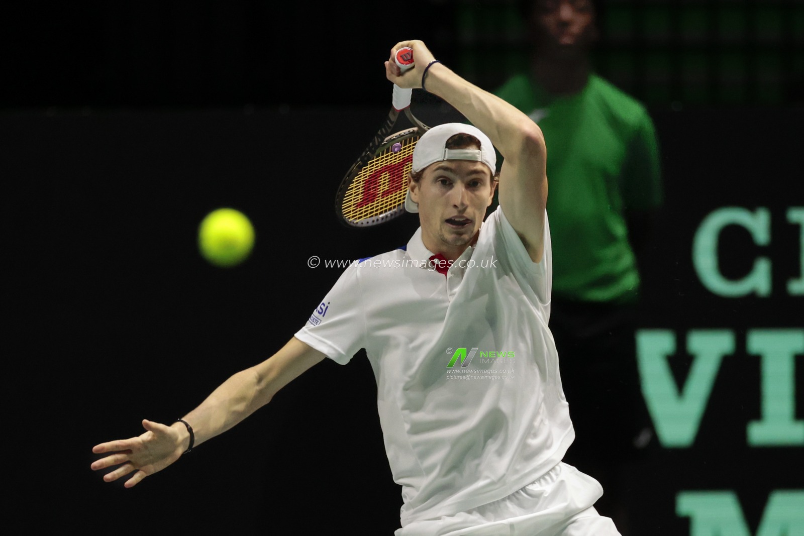 Ugo Humbert (FRA) in action in his match against Cameron Norrie (GBR) at the Davis Cup match Great Britain vs France at Manchester AO Arena, Manchester, United Kingdom, 17th September 2023

(Photo by Conor Molloy/News Images)