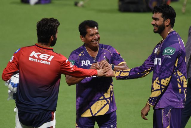 Royal Challengers Bengaluru's (RCB) captain Rajat Patidar, left, with Kolkata Knight Riders' (KKR) Venkatesh Iyer, right, and coach Chandrakant Pandit at the a practice session ahead of an Indian Premier League (IPL) 2025 T20 cricket match between Kolkata Knight Riders and Royal Challengers Bengaluru, at the Eden Gardens Cricket Stadium in Kolkata,India, Friday, March 21, 2025.Pictures by Debajyoti Chakraborty.(Photo: Debajyoti Chakraborty/News Images)