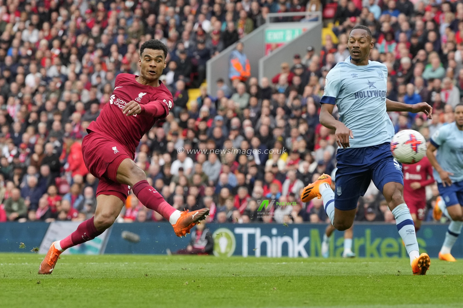 Cody Gakpo #18 of Liverpool shoots goal wards during the Premier League match Liverpool vs Brentford at Anfield, Liverpool, United Kingdom, 6th May 2023

(Photo by Steve Flynn/News Images)