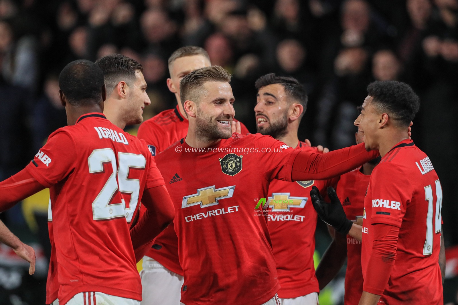 5th March 2020, Pride Park Stadium, Derby, England; Emirates FA Cup 5th Round, Derby County v Manchester United : Luke Shaw (23) of Manchester United celebrates his goal to make it 0-1 with Jesse Lingard (14) of Manchester United