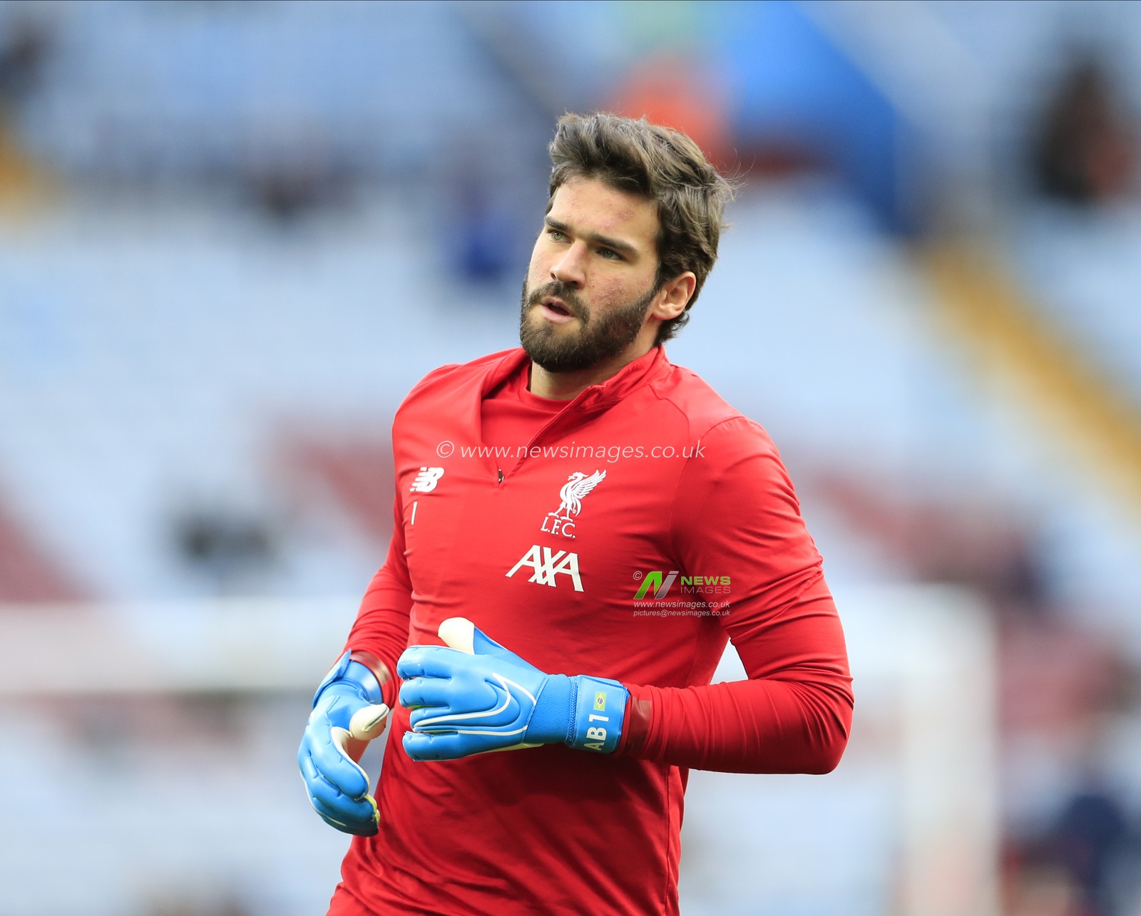 2nd November 2019, Villa Park, Birmingham, England; Premier League, Aston Villa v Liverpool : Alisson Becker (1) of Liverpool warms up for the game

Credit: Conor Molloy/News Images