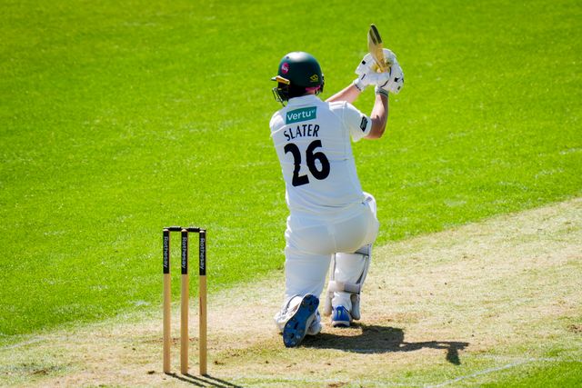 Ben Slater of Nottinghamshire hits the ball for four during Leicestershire County Cricket Club vs Nottinghamshire County Cricket Club in Country Cricket Division One Day 1 at Grace Road, Leicester, United Kingdom on 01 May 2026

(Photo by Maynard Manyowa/News Images)