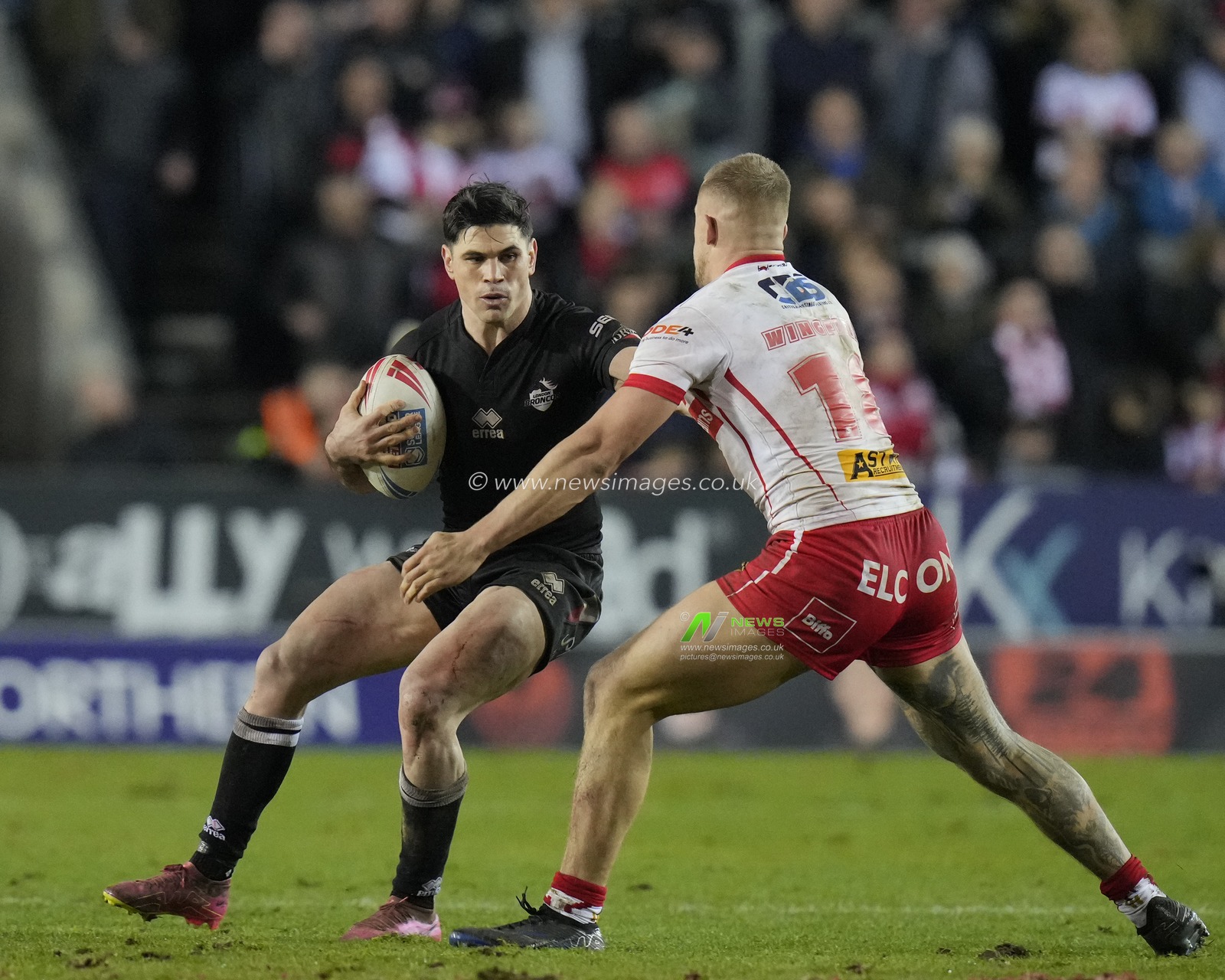 Dean Parata of London Broncos runs at Jake Wingfield of St. Helens during the Betfred Super League Round 1 match St Helens vs London Broncos at Totally Wicked Stadium, St Helens, United Kingdom, 16th February 2024

(Photo by Steve Flynn/News Images)