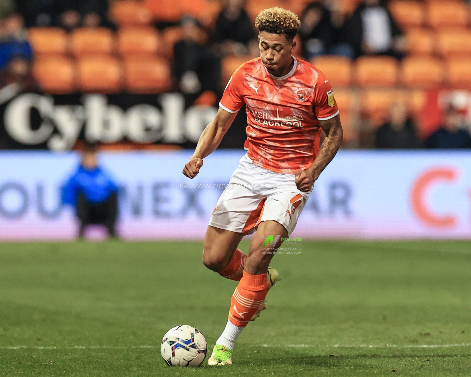 Jordan Gabriel #4 of Blackpool breaks with the ball