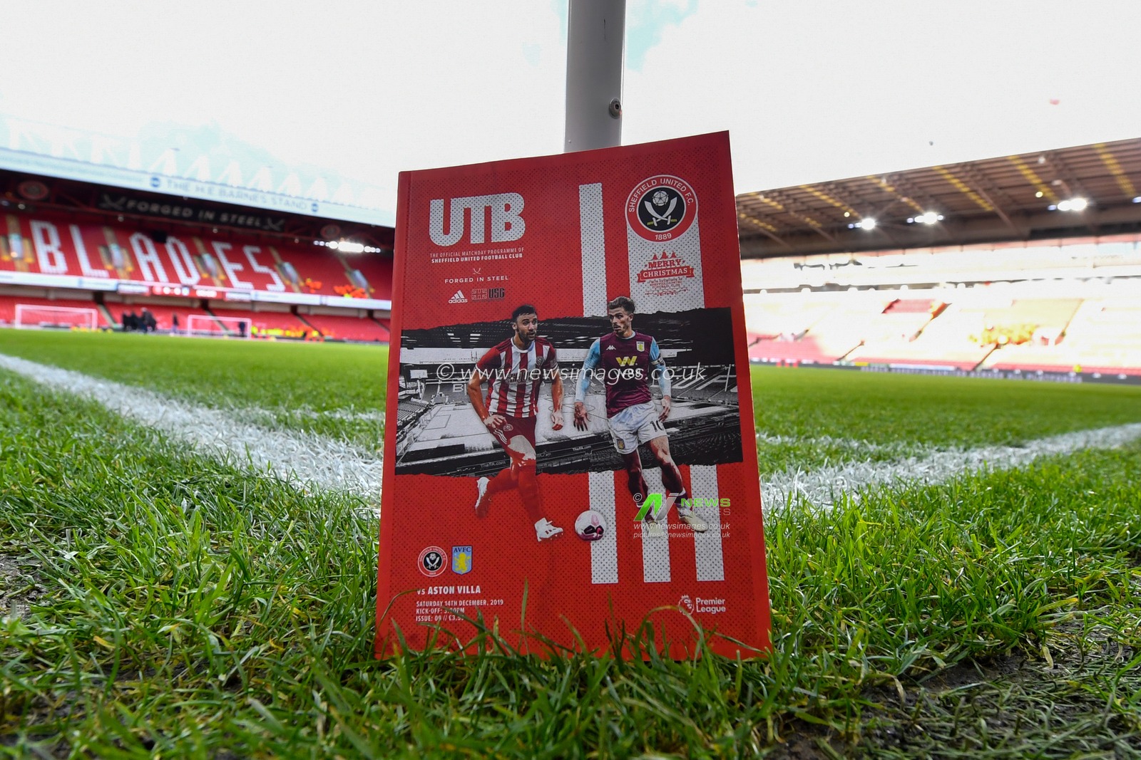 14th December 2019, Bramall Lane, Sheffield, England; Premier League, Sheffield United v Aston Villa : The match day programme leaning against a corner flag

Credit: Simon Whitehead/News Images