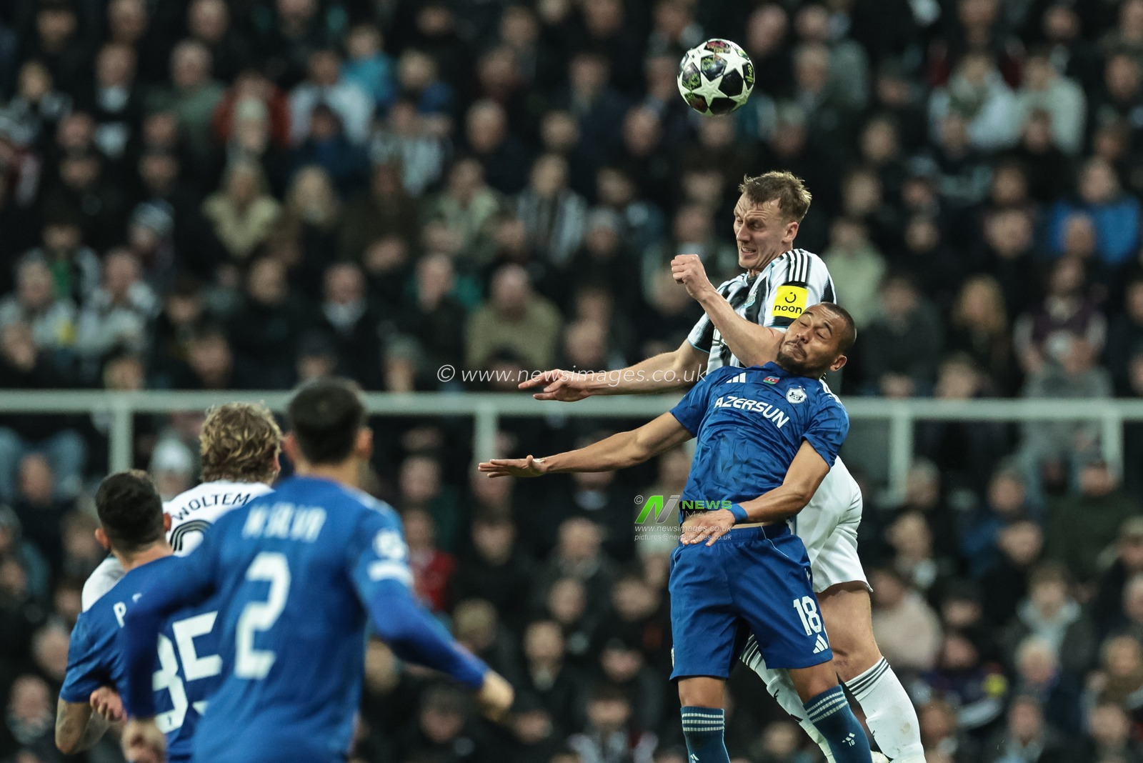 Dan Burn of Newcastle Untied jumps up to win the high ball from Dani Bolt of Qarabag during the UEFA Champions League Knockout Round Play-offs Newcastle Untied vs Qarabag at St. James's Park, Newcastle, United Kingdom on 24 February 2026

(Photo by Mark Cosgrove/News Images)