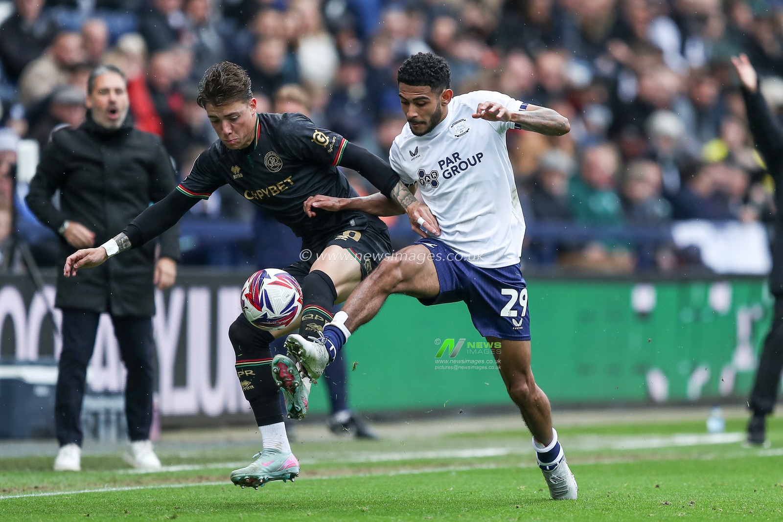 Kaine Kesler Hayden of Preston North End wins ball of Harrison Ashby of Queens Park Rangers during the Sky Bet Championship match Preston North End vs Queens Park Rangers at Deepdale, Preston, United Kingdom, 18th April 2025

(Photo by Jorge Horsted/News Images)