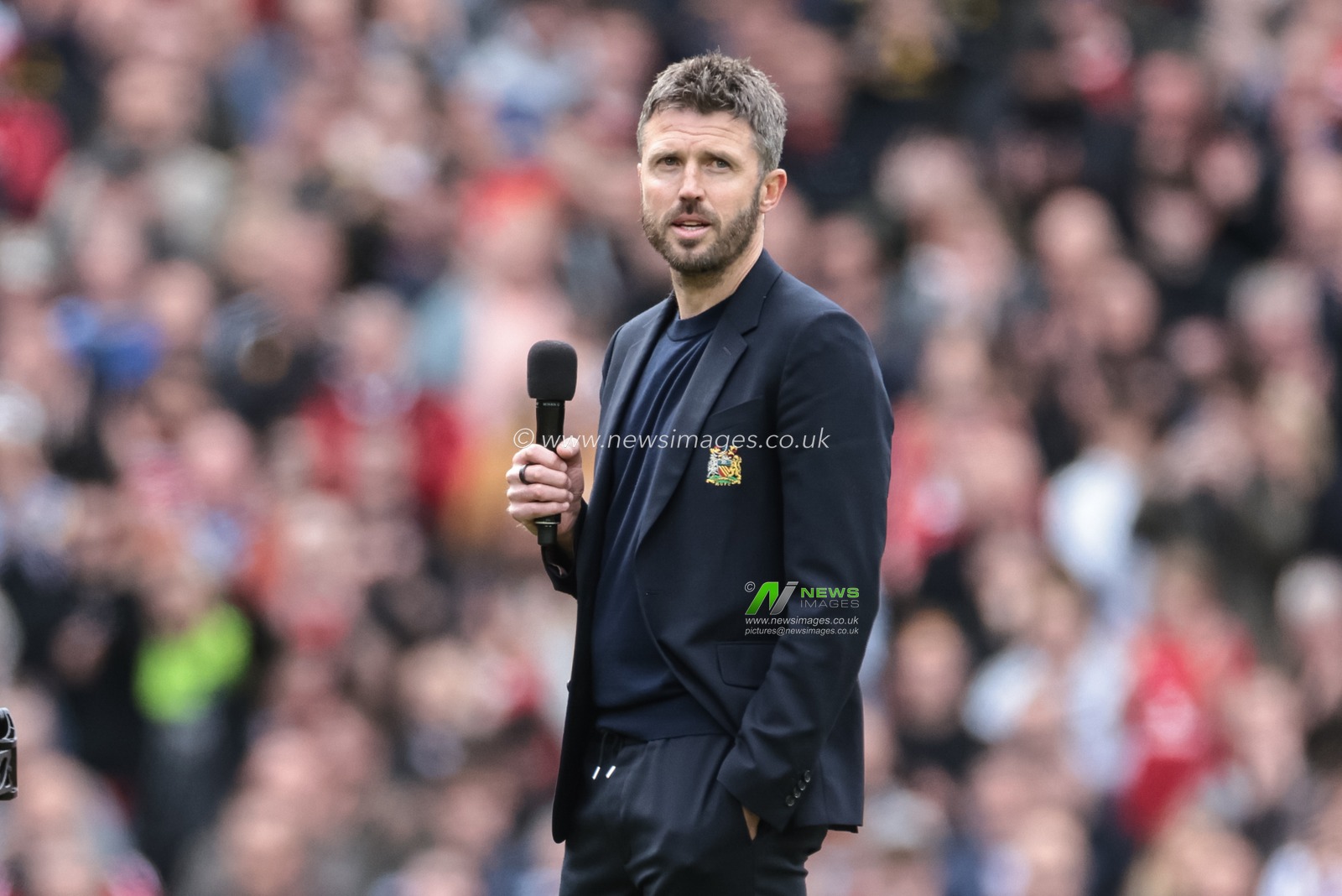 Michael Carrick manager of Manchester United addresses Old Trafford after the final home game of the season during the Premier League match Manchester United vs Nottingham Forest at Old Trafford, Manchester, United Kingdom on 17 May 2026

(Photo by Mark Cosgrove/News Images)