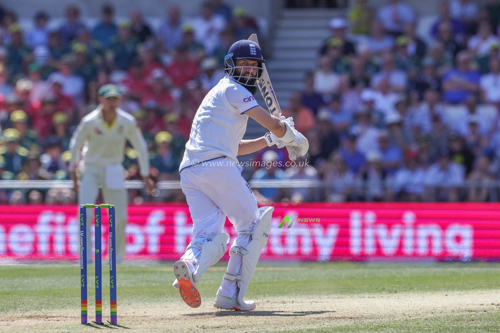 Moeen Ali of England watches his ball as he makes one run during the LV= Insurance Ashes Third Test Series Day 2 England v Australia at Headingley Stadium, Leeds, United Kingdom, 7th July 2023

(Photo by Mark Cosgrove/News Images)