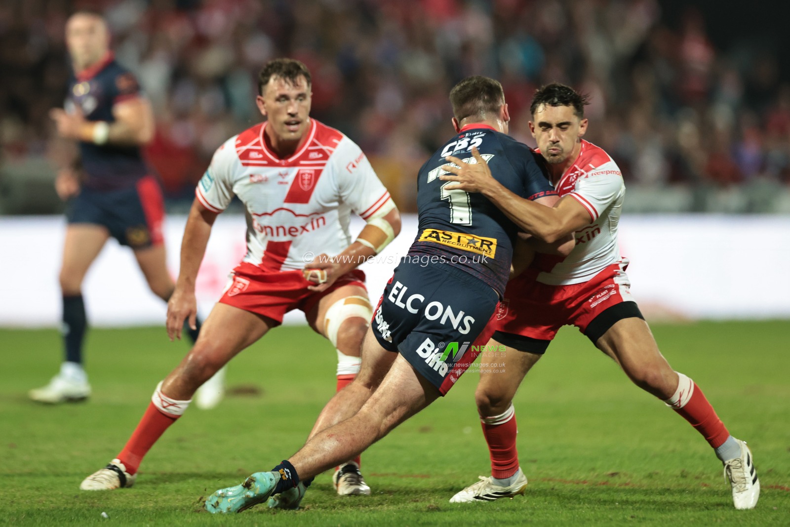 Jack Welsby of St. Helens is tackled by Arthur Mourgue of Hull KR during the Betfred Super League Round 24 match Hull KR vs St Helens at Sewell Group Craven Park, Kingston upon Hull, United Kingdom, 29th August 2025

(Photo by Mark Cosgrove/News Images)