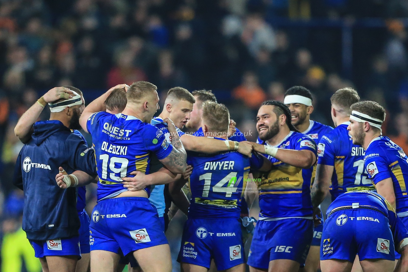28th March 2019, Emerald Headingley Stadium, Leeds, England; Betfred Super League, Round 8 , Leeds Rhinos vs Castleford Tigers ;  Brad Dwyer (14) of Leeds Rhinos celebrates his match winning drop goal in extra time 

Credit: Mark Cosgrove/News Images