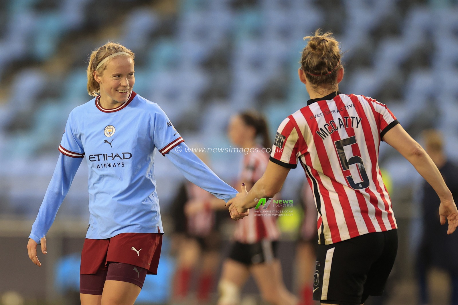 Julie Blakstad #41 of Manchester City shakes hands with Grace McCatty #5 of Sunderland at the end of the FA Womens Continental League Cup match Manchester City Women vs Sunderland AFC Women at Etihad Campus, Manchester, United Kingdom, 27th November 2022

(Photo by Conor Molloy/News Images)
