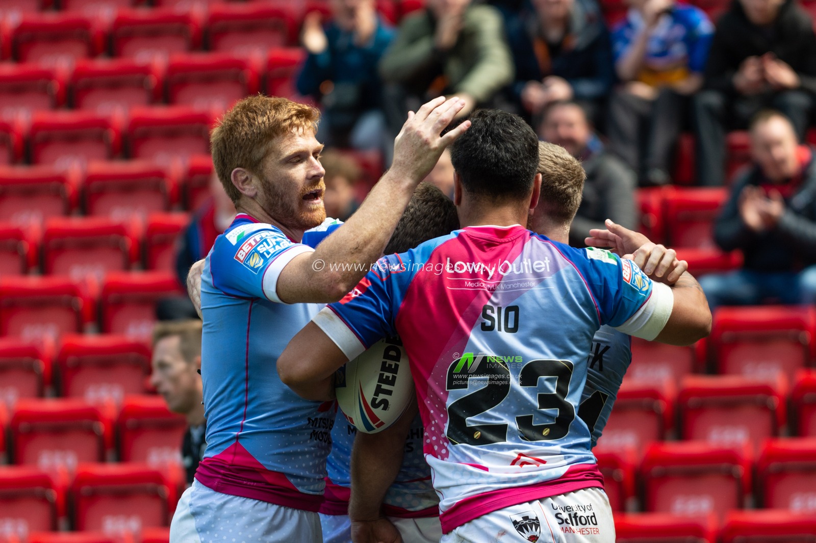 26th May 2019 , Anfield Stadium, Liverpool, England; Dacia Magic Weekend, Betfred Super League Round 16, Salford Red Devils vs Hull KR ; Ken Sio of Salford Red Devils celes his try with team mates

Credit: Richard Long/News Images