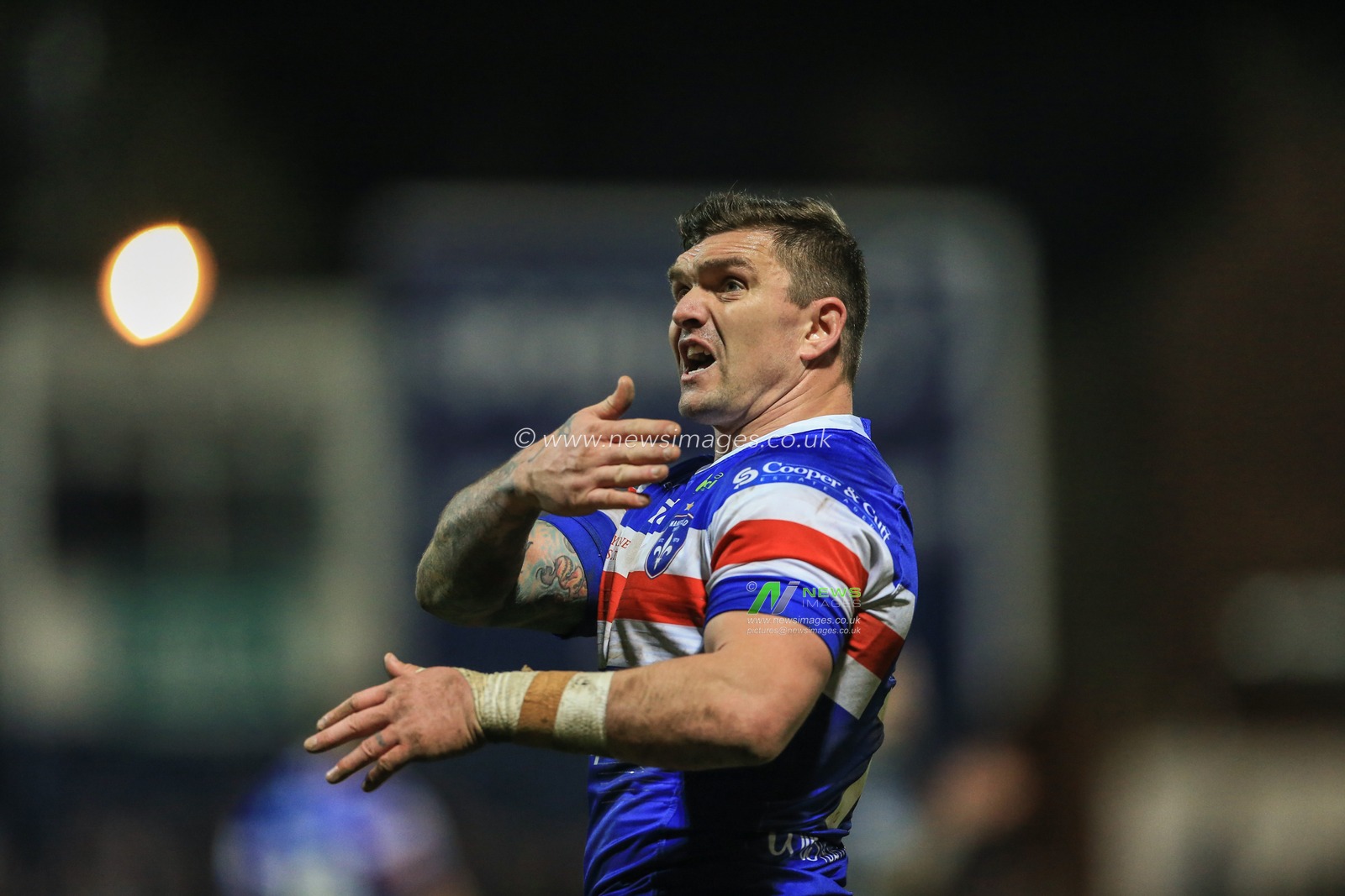 21st March 2019 , Mobile Rocket Stadium, Wakefield, England;  Betfred Super League, Round 7, Wakefield Trinity vs Warrington Wolves  ; Danny Brough (7) of Wakefield Trinity tries to reason with referee Ben Thaler 

Credit: Mark Cosgrove/News Images