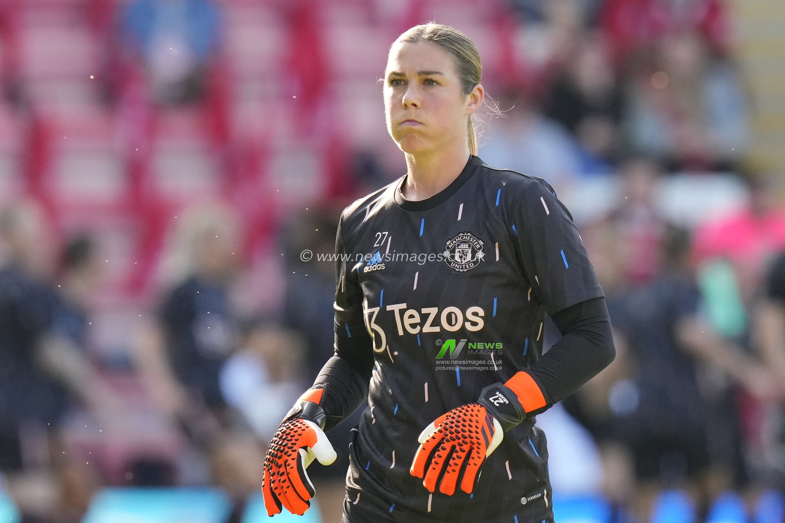 Mary Earps #27 of Manchester United warms up before  the The FA Women's Super League match Manchester United Women vs Manchester City Women at Leigh Sports Village, Leigh, United Kingdom, 21st May 2023

(Photo by Steve Flynn/News Images)