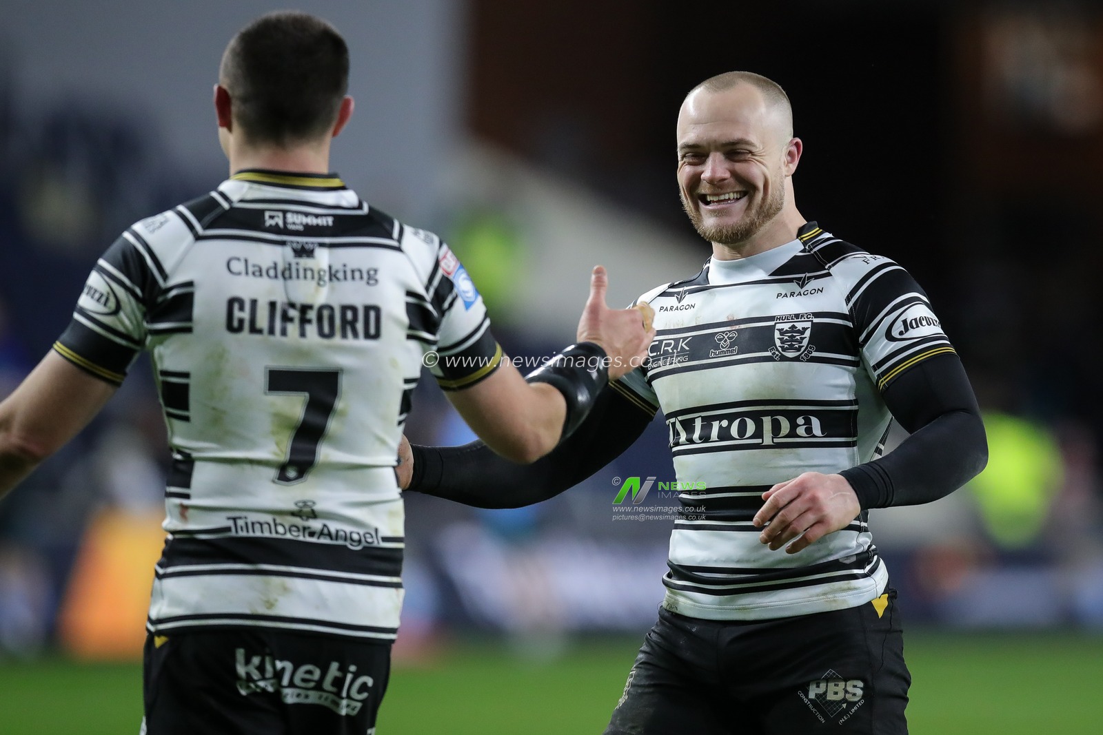 Adam Swift #2 of Hull FC celebrates the victory with Jake Clifford after the Betfred Super League Round 2 match Leeds Rhinos vs Hull FC at Headingley Stadium, Leeds, United Kingdom, 24th February 2023

(Photo by James Heaton/News Images)