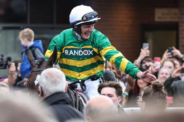 Paul Townend full of smiles, heads into the winners enclosure after winning the 16:00 Randox Grand National Handicap Chase on I Am Maximus during the Randox Grand National Day 2024 at Aintree Racecourse, Liverpool, United Kingdom, 13th April 2024

(Photo by Mark Cosgrove/News Images)