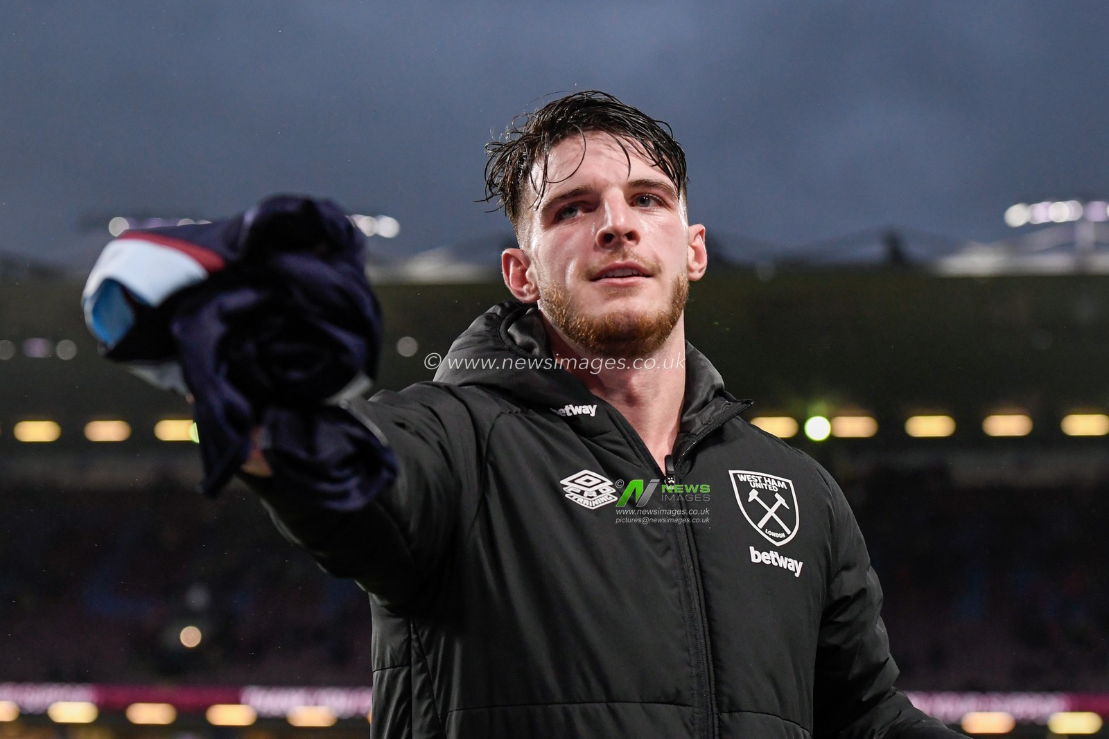Declan Rice #41 of West Ham United offers his shirt to a fan after the final whistle