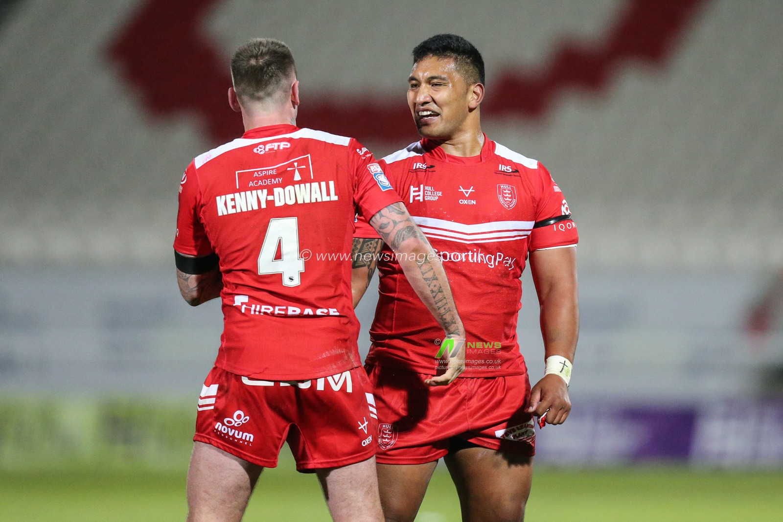 Shaun Kenny-Dowall (4) of Hull KR and Albert Vete (8) of Hull KR after the final hooter