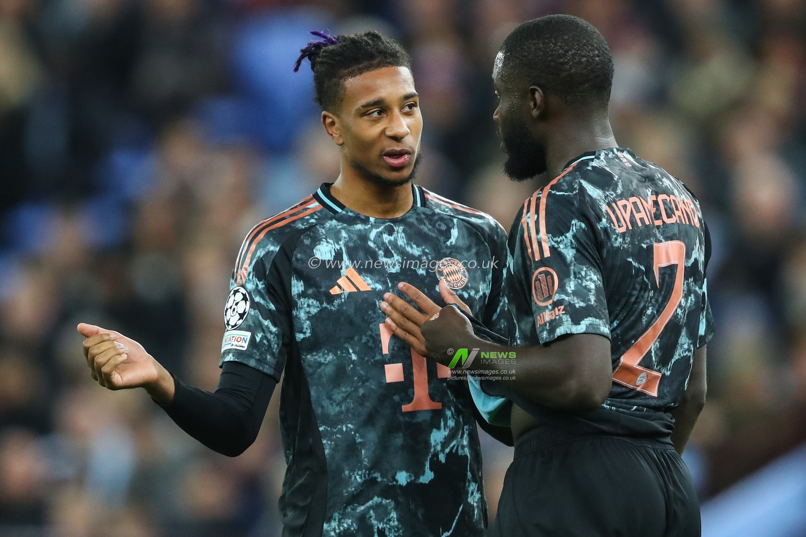 Michael Olise of Bayern Munich talks to Dayot Upamecano of Bayern Munich during the UEFA Champions League League Stage match Aston Villa vs Bayern Munich at Villa Park, Birmingham, United Kingdom, 2nd October 2024

(Photo by Gareth Evans/News Images)