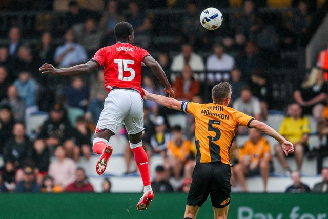 Micah Mbick of Charlton Athletic heads the ball during the Pre-season friendly match Cambridge United vs Charlton Athletic at Abbey Stadium, Cambridge, United Kingdom, 26th July 2025

(Photo by Izzy Poles/News Images)