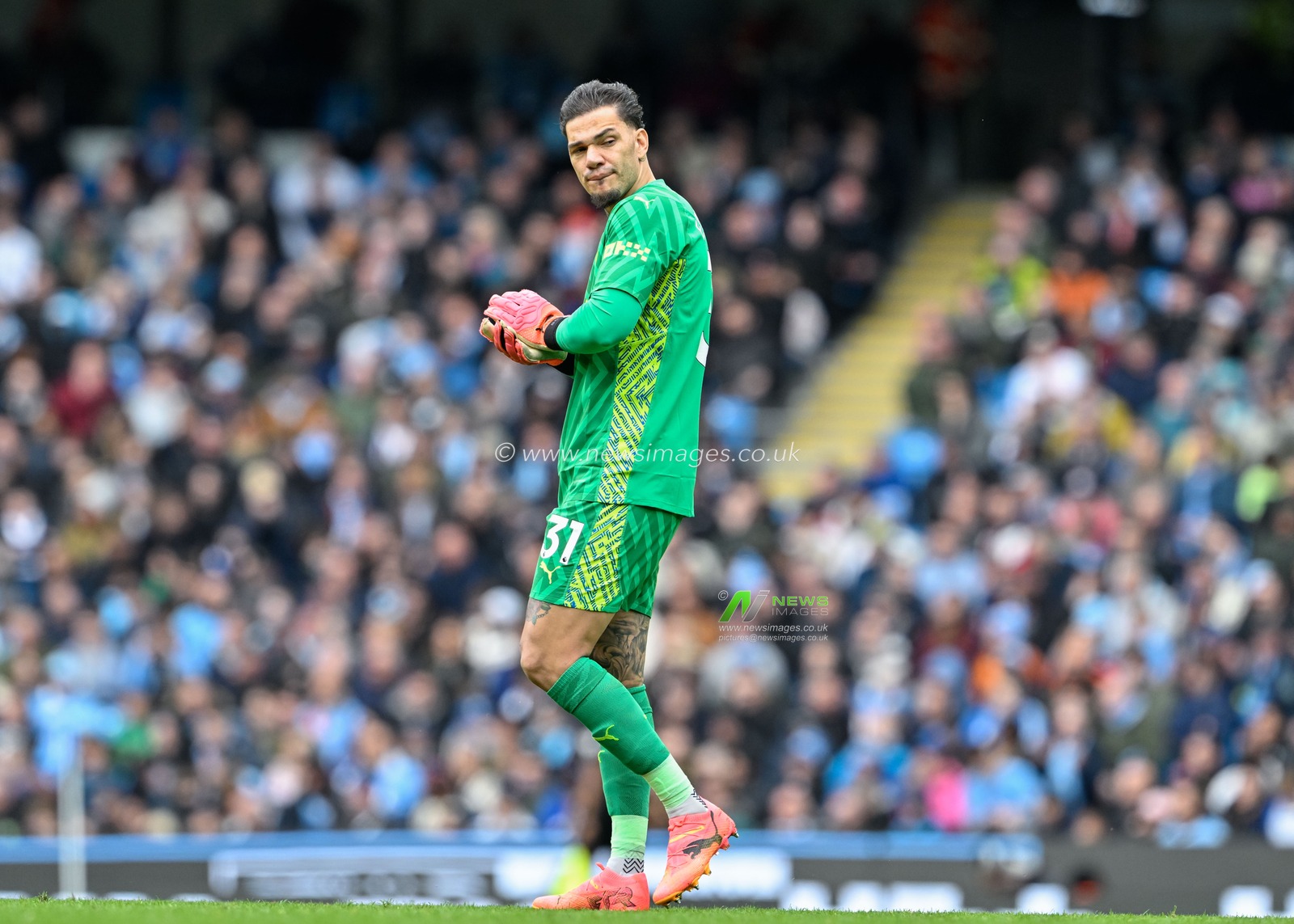 Ederson of Manchester City, during the Premier League match Manchester City vs Luton Town at Etihad Stadium, Manchester, United Kingdom, 13th April 2024

(Photo by Cody Froggatt/News Images)