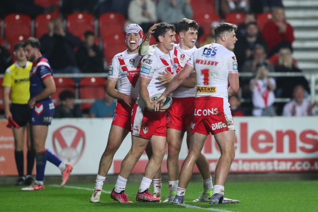Matt Whitley of St. Helens celebrates his try during the Betfred Super League  Round 7 match St Helens vs Wakefield Trinity at Totally Wicked Stadium, St Helens, United Kingdom, 11th April 2025

(Photo by Gareth Evans/News Images)
