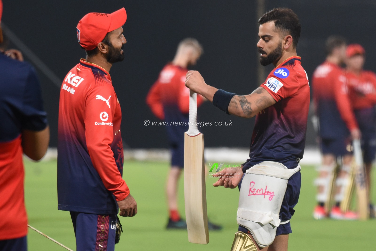 Royal Challengers Bengaluru Virat Kohli  and batting coach Dinesh Karthik at the training session during the Indian Premier League (IPL) 2025 cricket tournament opening match between Kolkata Knight Riders and Royal Challengers Bengaluru at the Eden Garden Cricket Stadium in Kolkata, India, on March 20, 2025.Pictures by Debajyoti Chakraborty.(Photo: Debajyoti Chakraborty/News Images)
