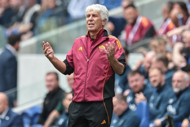 Gian Piero Gasperini manager of  of AS Roma reacts in the technical area during the Pre-season friendly match Everton vs A.S. Roma at Hill Dickinson Stadium, Liverpool, United Kingdom, 9th August 2025

(Photo by Mark Cosgrove/News Images)