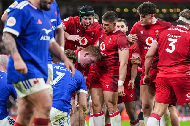 Rhys Carre of Wales celebrates scoring a try for his team during the Guinness Six Nations match Wales vs France at Principality Stadium, Cardiff, United Kingdom, 15th February 2026

(Photo by Andrew Lewis/News Images)