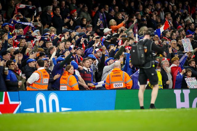 French fans celebrate during the Guinness Six Nations match Wales vs France at Principality Stadium, Cardiff, United Kingdom, 15th February 2026

(Photo by Andrew Lewis/News Images)